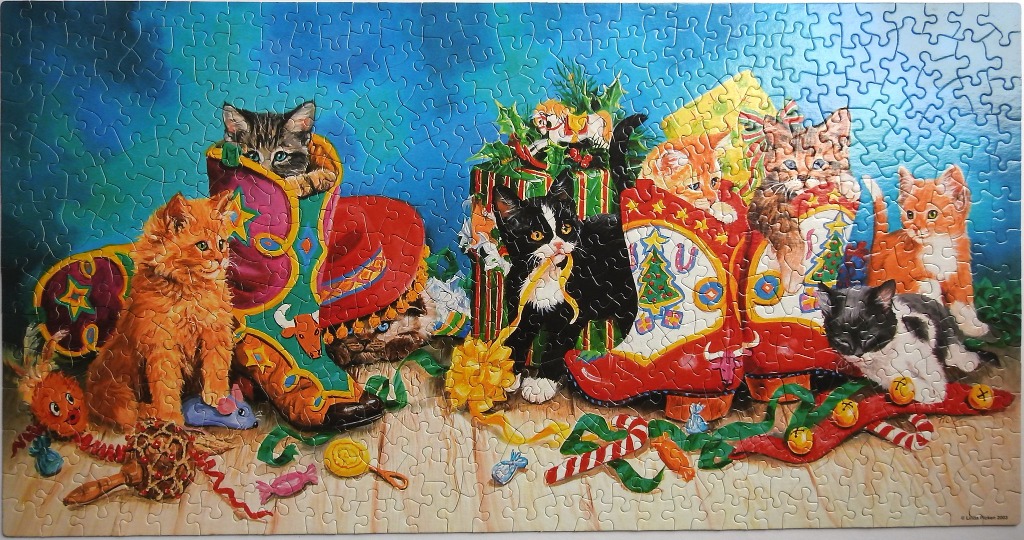 A whimsical illustration of kittens playing with colorful cowboy boots, holiday gifts, and candy.