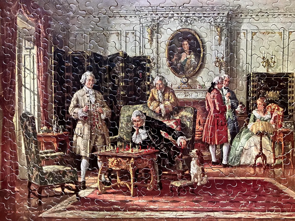 An 18th-century style painting of figures playing chess in an ornate parlor.
