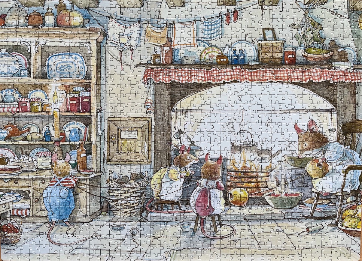 Illustration of anthropomorphic mice cooking in a cozy, rustic country kitchen.