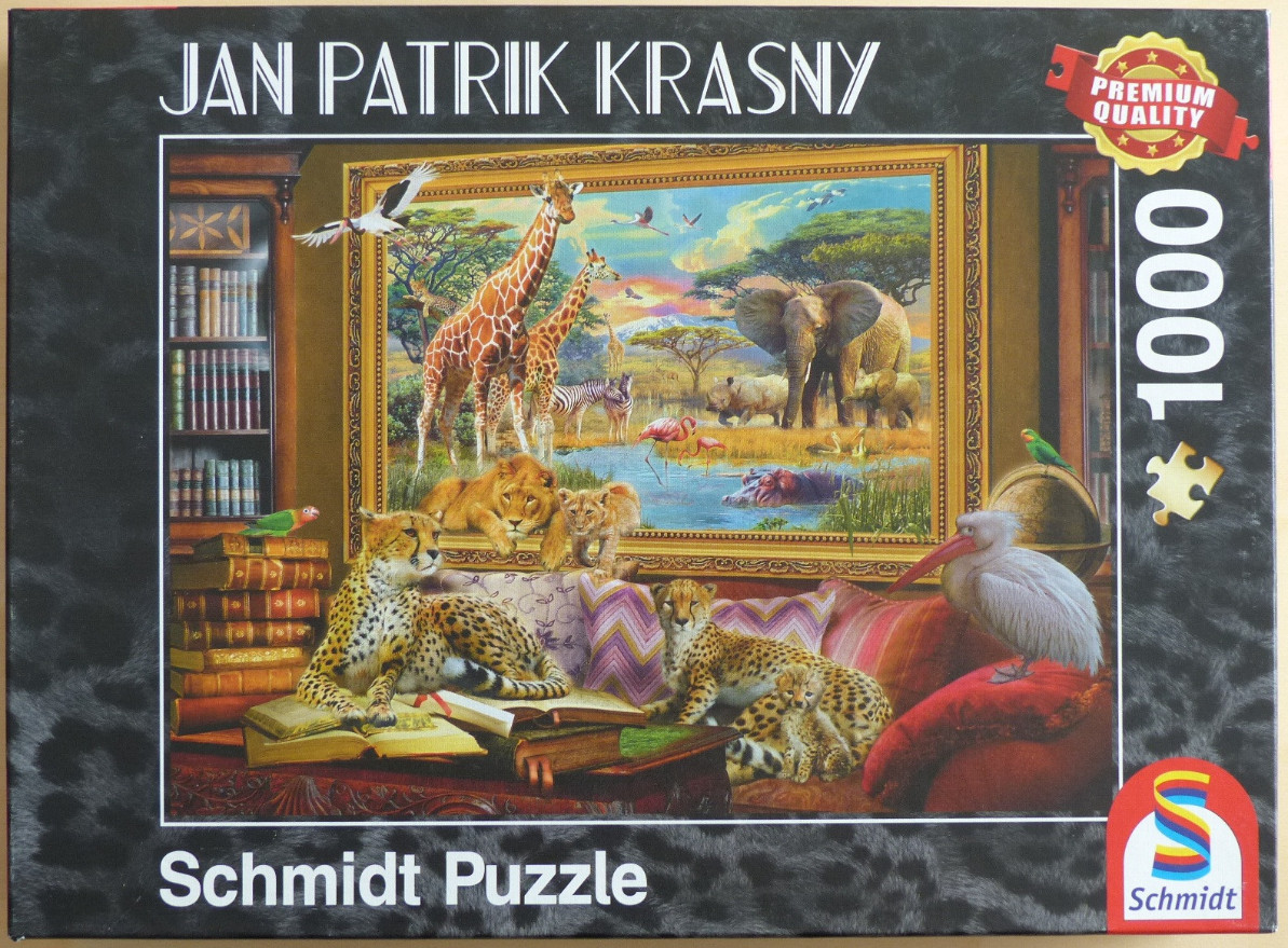 An illustration featuring a study filled with wild animals and a large framed painting of an African savanna landscape.
