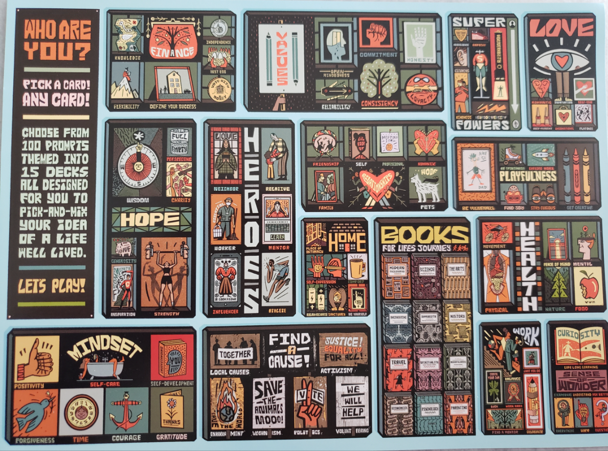 An illustrated graphic organizer containing multiple thematic card decks organized by categories like Hope, Heroes, and Books