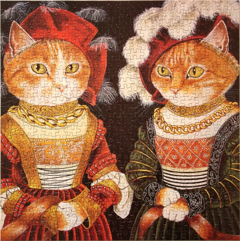 Two ginger cats depicted as Renaissance-era noblewomen in ornate dresses against a dark background.