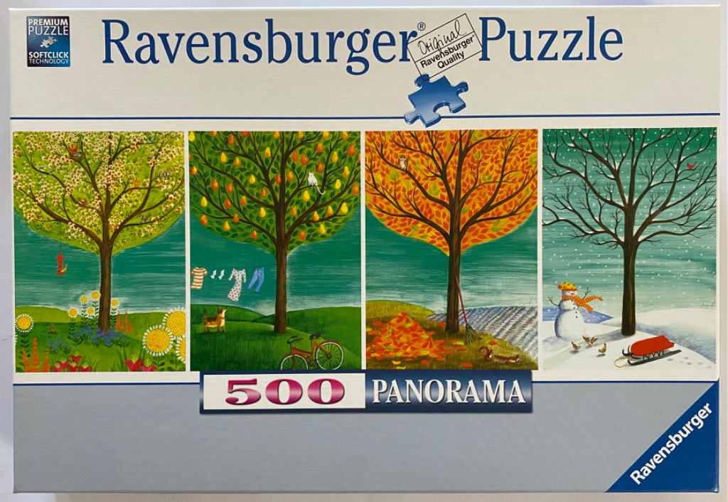 A four-panel illustration depicting the same tree throughout the four seasons of the year.