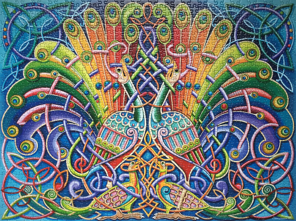 Two ornate peacocks intertwined with Celtic knotwork patterns in vibrant colours.
