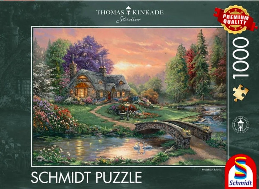 A cozy stone cottage with a thatched roof sits beside a stream at sunset, surrounded by colorful flower gardens.