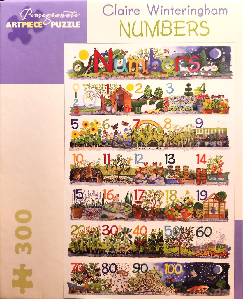 An illustrated garden scene depicting numbers 1 through 100 with flora and fauna.