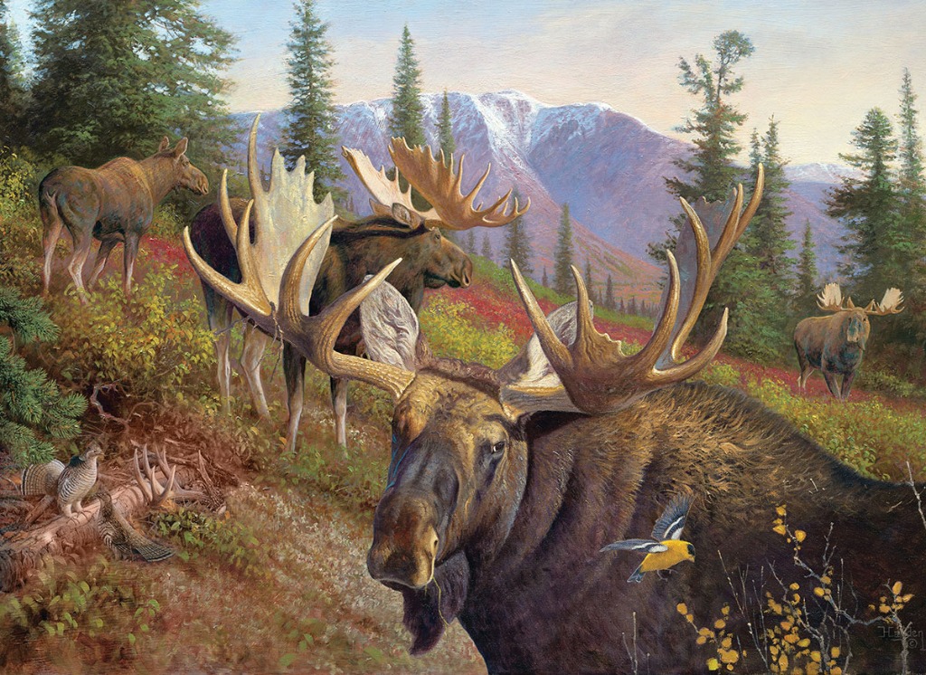 A group of moose in a mountainous landscape with a bird flying nearby