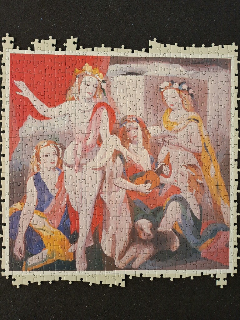 An oil painting style illustration of four women in classical attire gathered with a small dog.