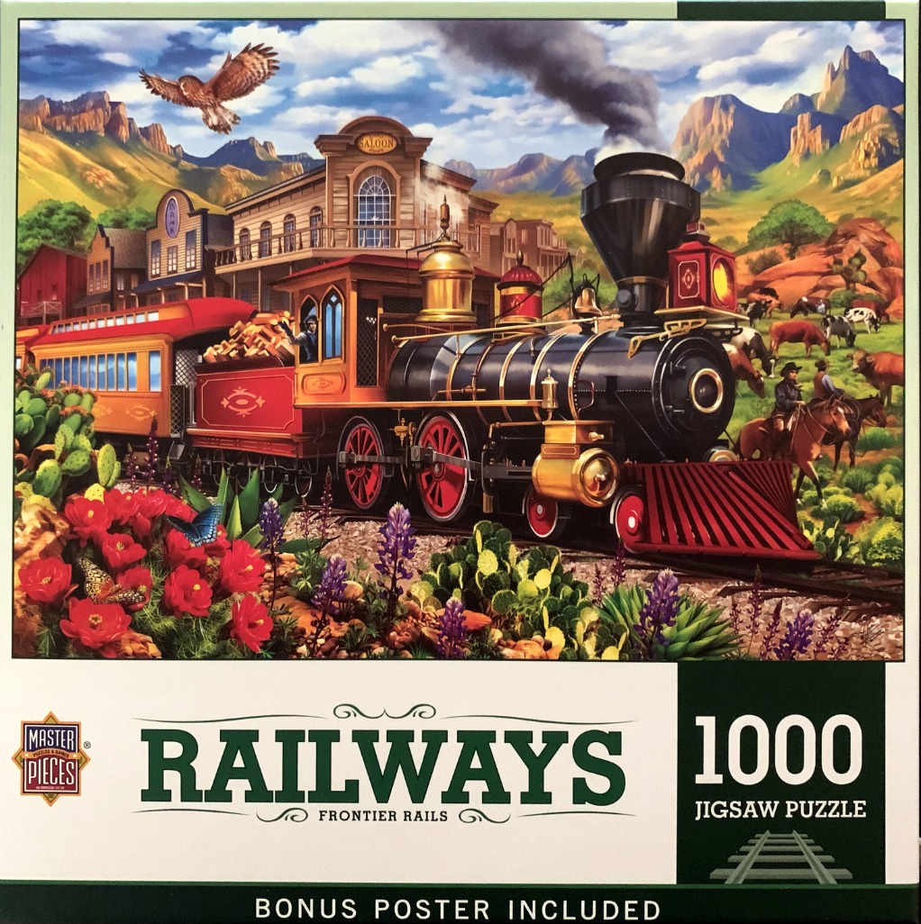 An old-fashioned steam train idling in a Wild West town scene with red flowers and mountains in the background.