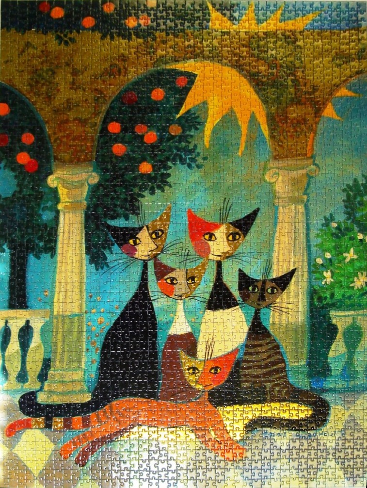 A whimsical illustration of five stylized cats gathered under a stone archway in a garden setting.
