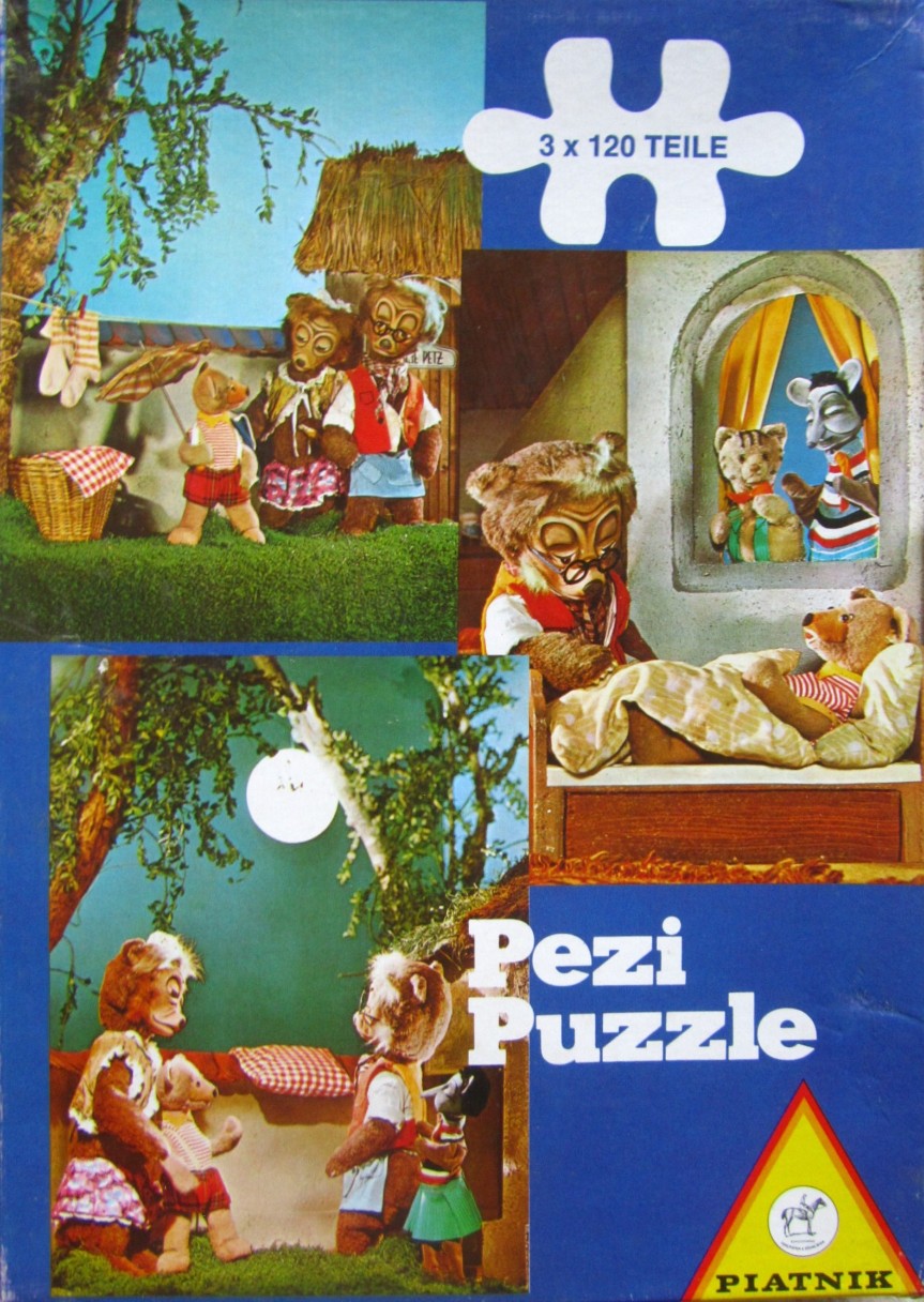 A montage of three scenes featuring anthropomorphic bear puppets in a storybook setting.