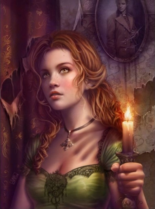A young woman with auburn hair holding a lit candle in a dimly lit, vintage room.