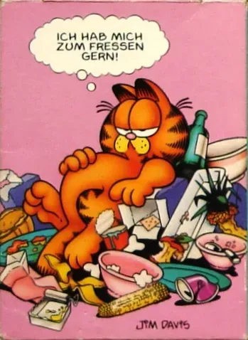 Cartoon of an orange tabby cat reclining in a messy pile of food and trash with a thought bubble in German.