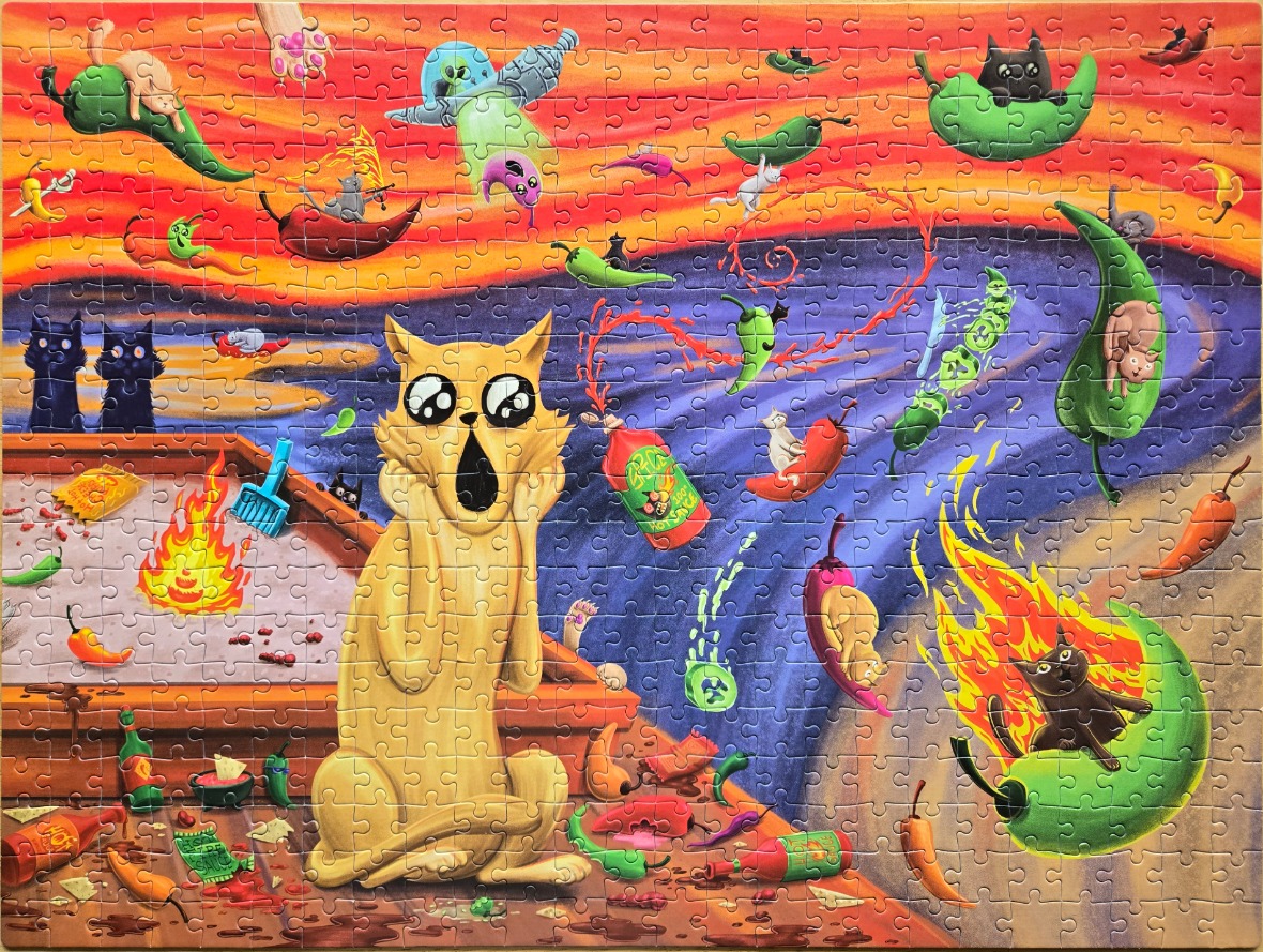A parody of The Scream featuring a golden cat surrounded by hot peppers, flying hot sauce bottles, and smaller cats.