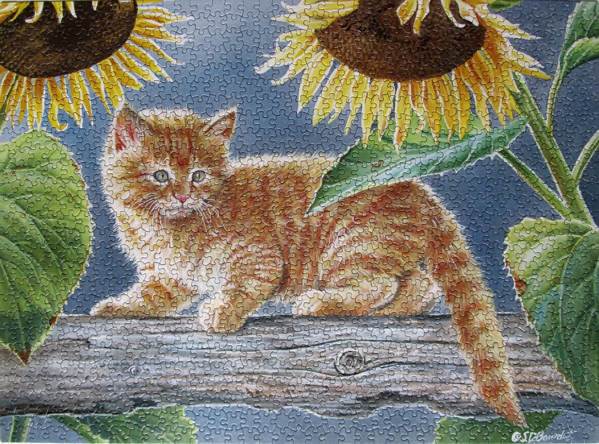 A fluffy orange tabby kitten resting on a horizontal wooden log framed by two large sunflowers.