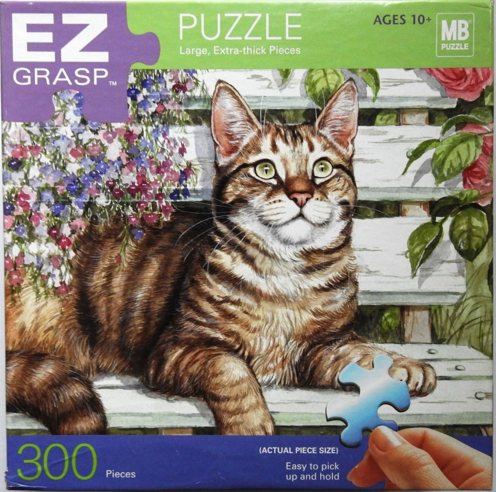 A watercolor illustration of a brown tabby cat resting on a white garden bench surrounded by flowers.