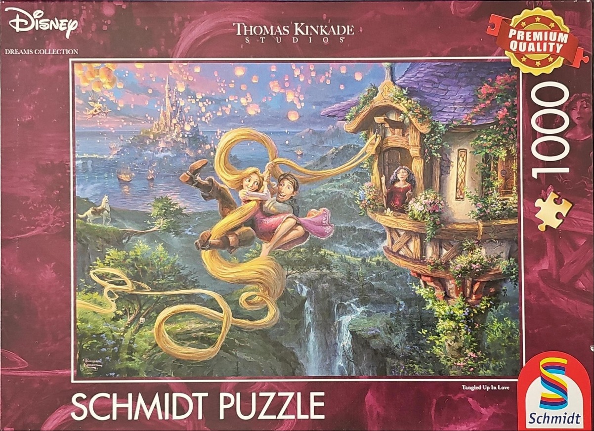Animated scene with Rapunzel and Flynn Rider swinging from a cottage tower amidst a fantasy landscape with lanterns.