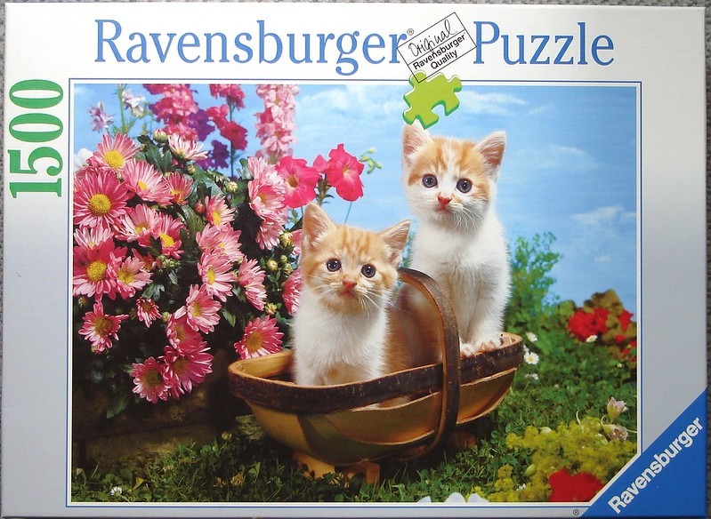 Two ginger and white kittens sitting in a wooden basket surrounded by pink chrysanthemums and greenery.