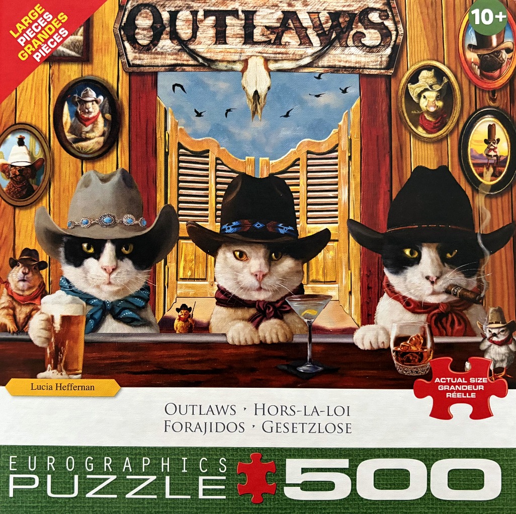 Three cats dressed as cowboys sitting at a saloon bar with prairie dogs in the background.