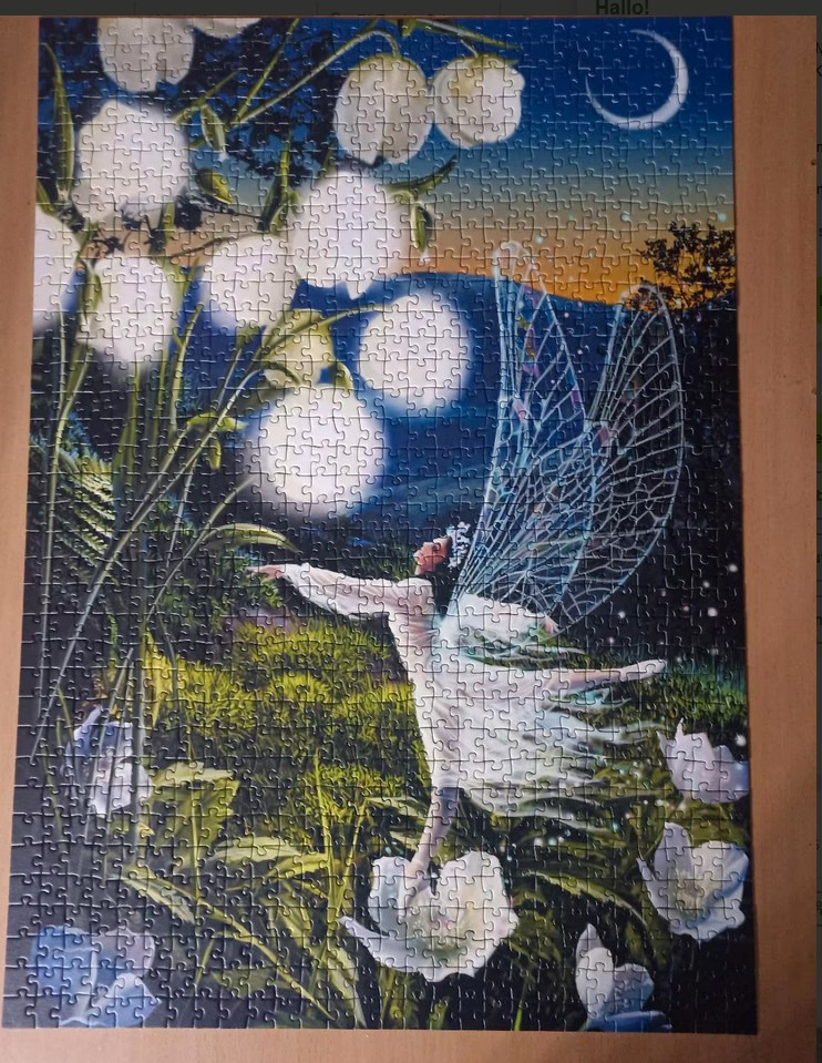 A fairy with iridescent wings dancing in a field of oversized lily of the valley flowers under a crescent moon.