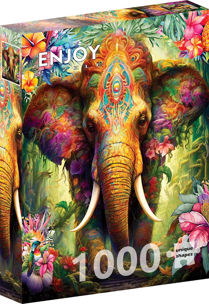 Artistic portrait of a majestic elephant decorated with intricate, colorful patterns and surrounded by tropical flowers.