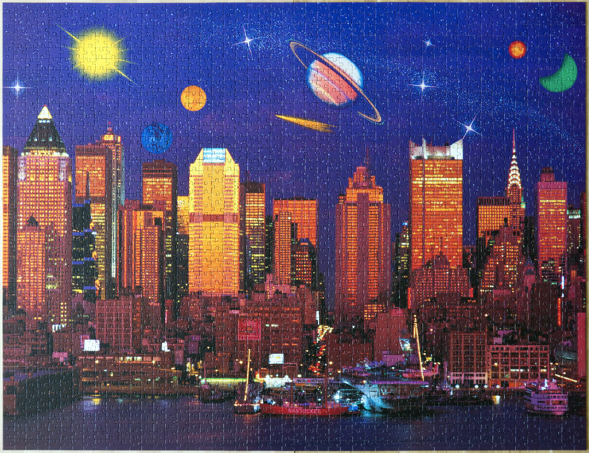A night cityscape of Manhattan skyline under a surreal sky filled with planets and stars.