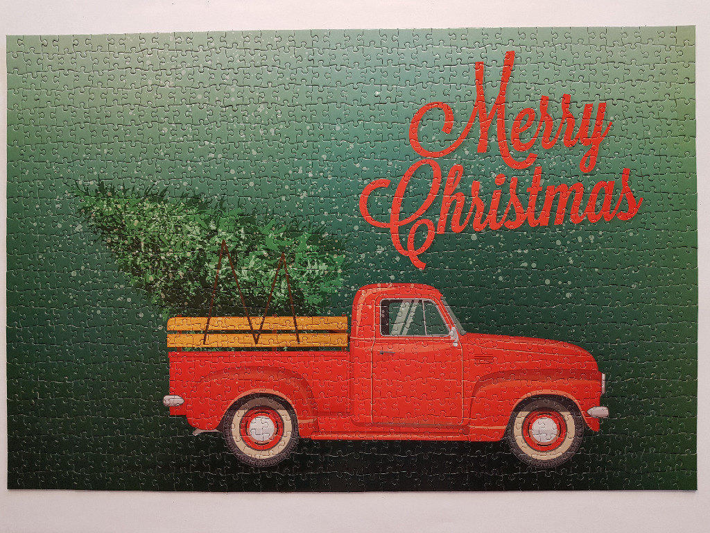 Illustration of a vintage red pickup truck carrying a Christmas tree against a dark green, snowy background.