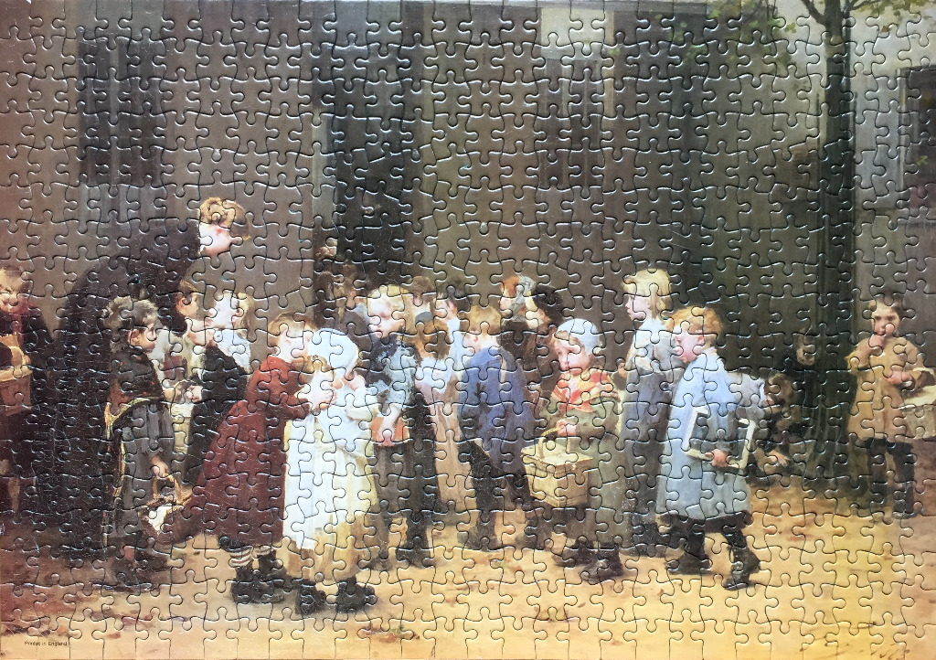 A Victorian-era painting of a teacher supervising a group of young children walking in a line outdoors.