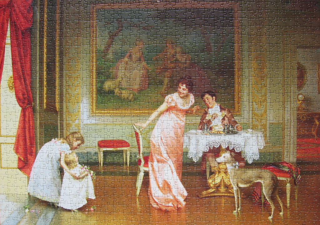 An 18th-century style painting of a family in an ornate room with a woman in a peach dress and a greyhound dog.