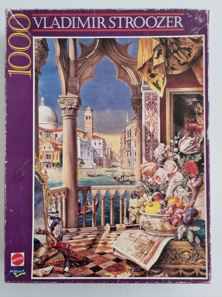 A balcony view of the Venetian Grand Canal framed by ornate pillars, still life elements, and a vibrant cityscape.