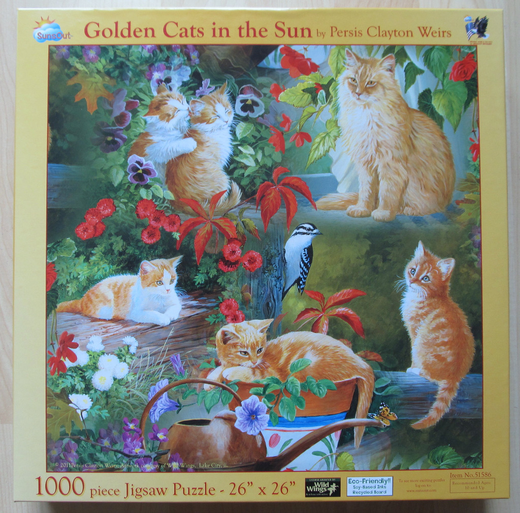 Illustration of five orange tabby kittens in a garden with flowers and a bird