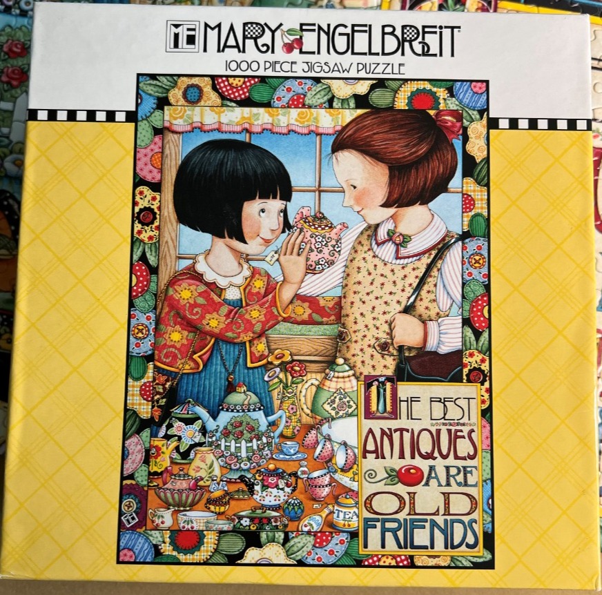 Two young girls surrounded by tea sets and floral patterns in a whimsical illustration.