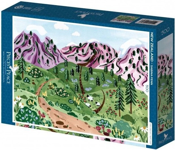Stylized illustration of rolling New Zealand hills with sheep and purple-toned mountains under a light blue sky.