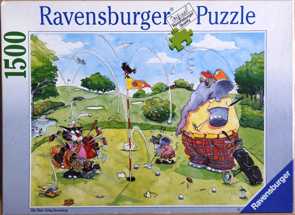Cartoon illustration of an elephant, cat, and mouse playing a chaotic game of golf on a green course.