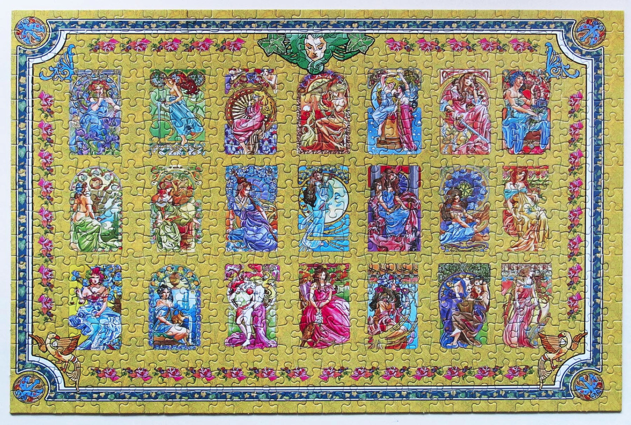 Art Nouveau style grid featuring eighteen framed illustrations of women in flowing gowns against a gold background.