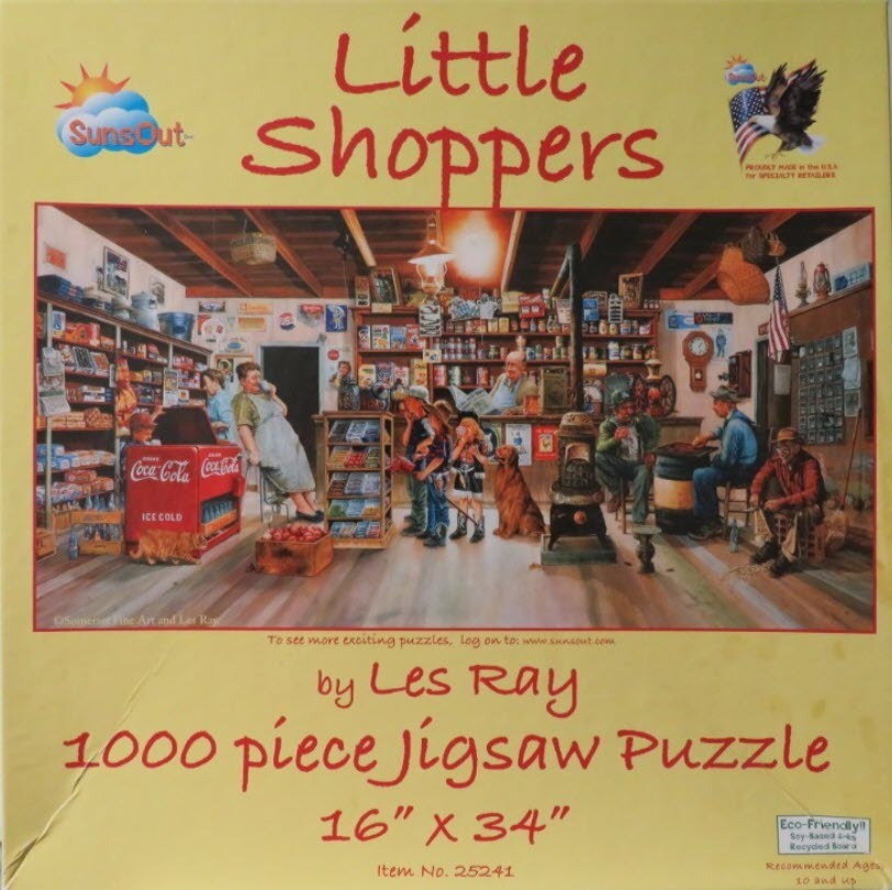 An illustration of an old-fashioned general store featuring customers, a shopkeeper, and a dog.