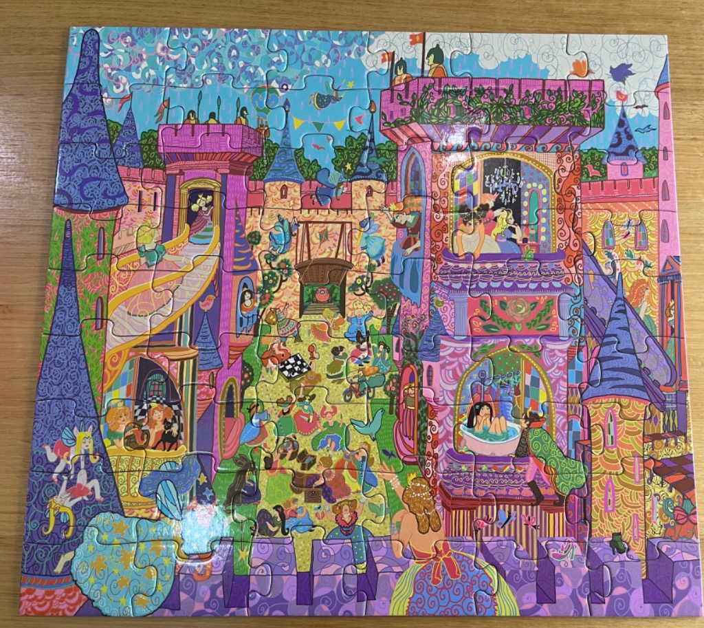 Whimsical illustration of a busy, colourful fairytale castle filled with princesses and magical activity.