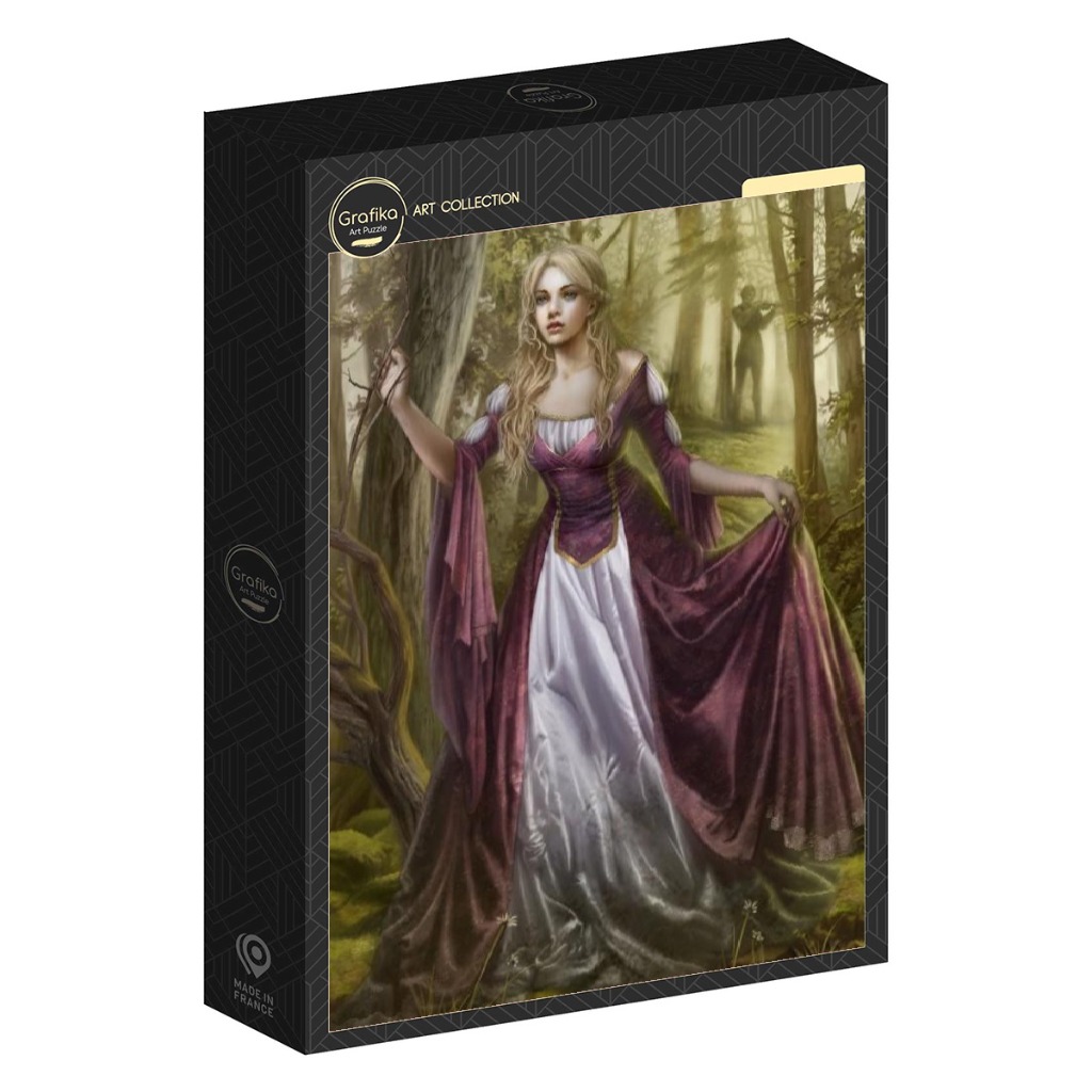 A blonde woman in a medieval purple and white gown standing in a misty, enchanted forest.