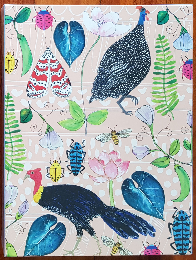 A whimsical illustration of guinea fowl, insects, and botanical elements on a patterned, pale pink background.