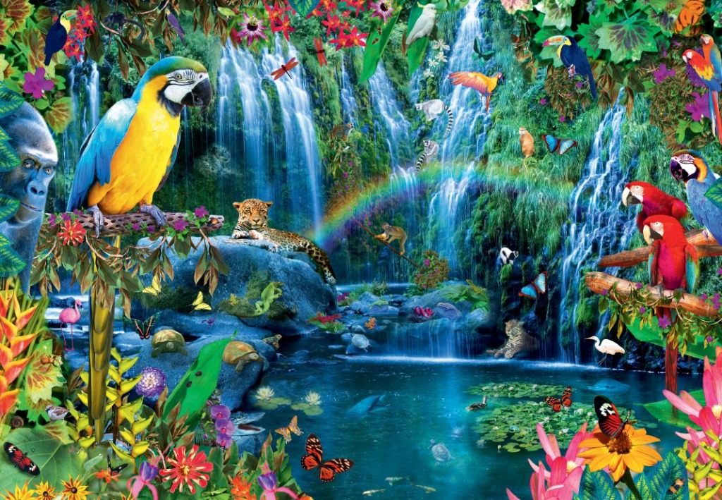 A lush rainforest scene featuring a large blue-and-yellow macaw perched over a waterfall and various jungle animals.