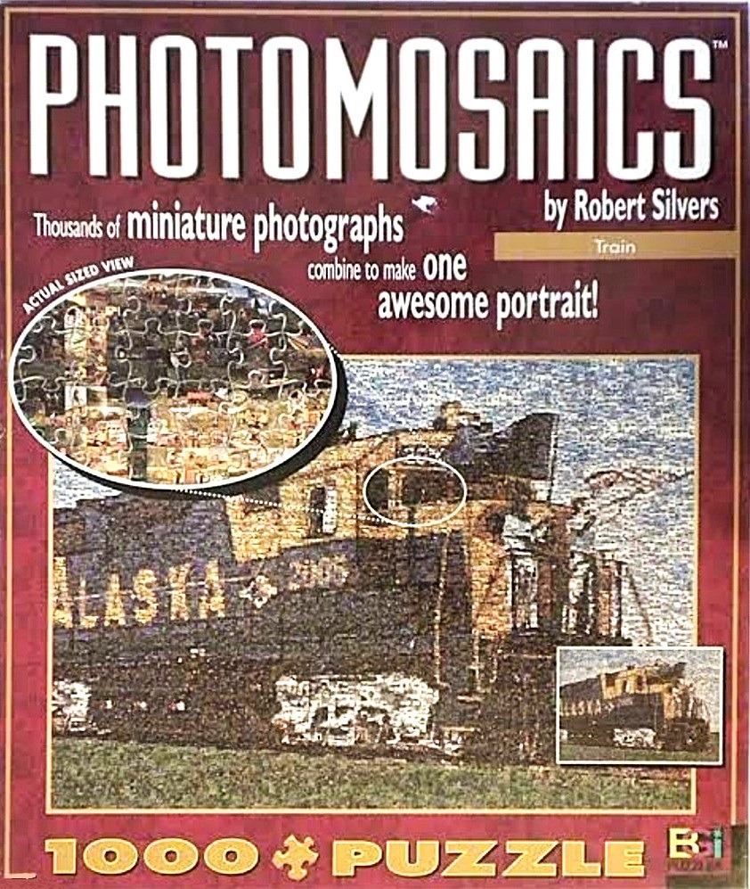 A photomosaic image of an Alaska Railroad train engine composed of thousands of tiny individual photographs.