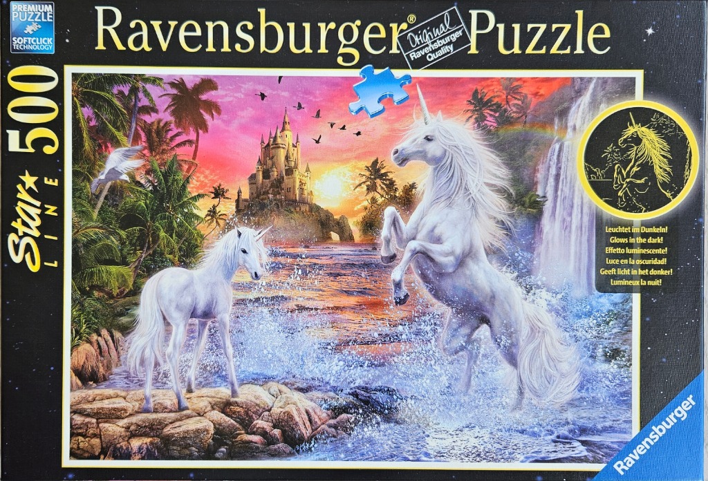 Two white unicorns in a tropical fantasy landscape with a castle and waterfall at sunset.