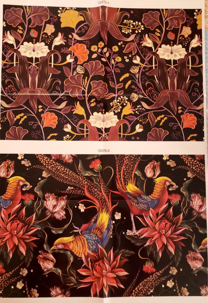 Two Art Nouveau-style patterns featuring dark backgrounds with vibrant floral motifs and exotic birds.