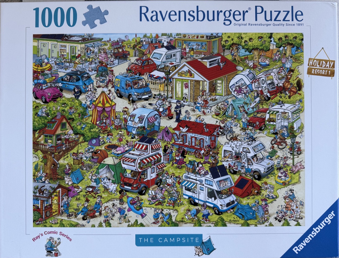 Cartoon illustration of a chaotic, busy summer campsite with people, campers, and tents.