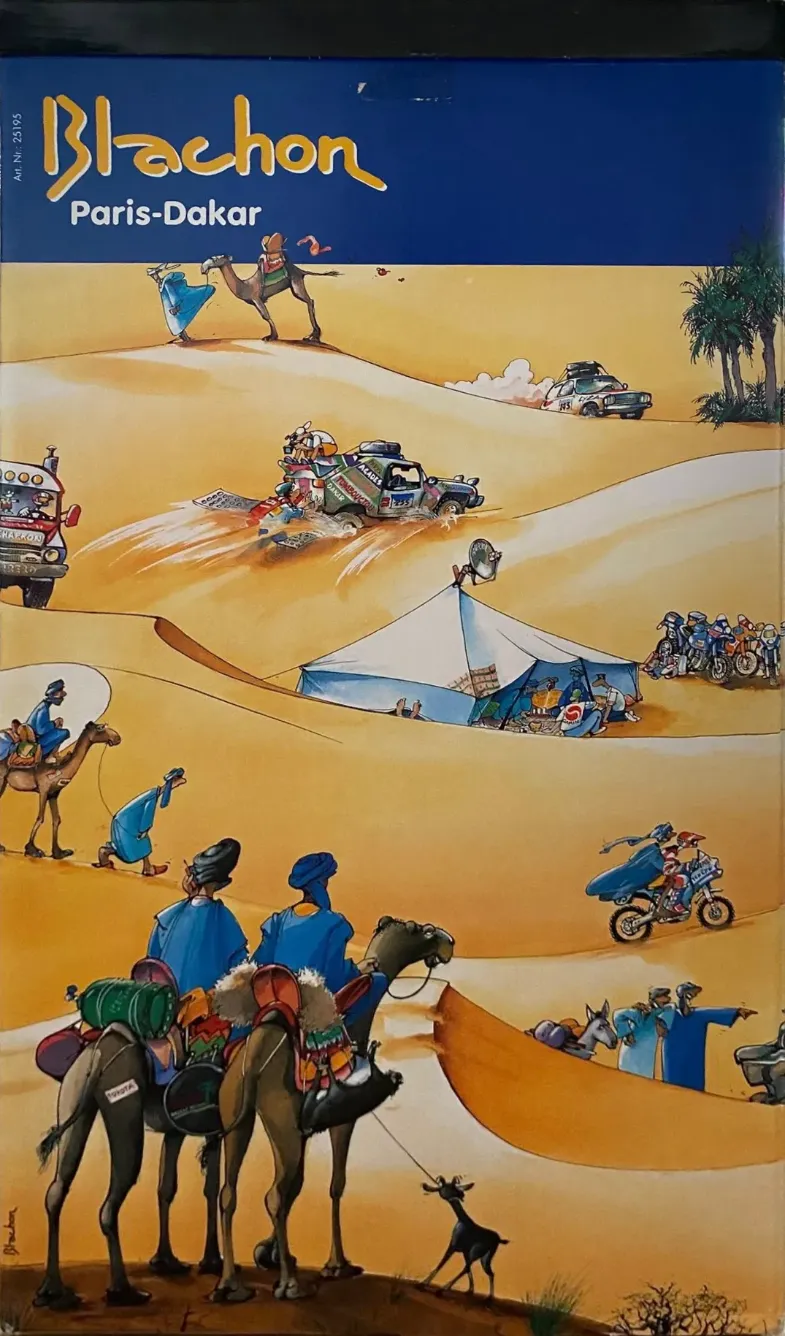 A whimsical cartoon scene depicting a chaotic Paris-Dakar desert rally across vast sand dunes.