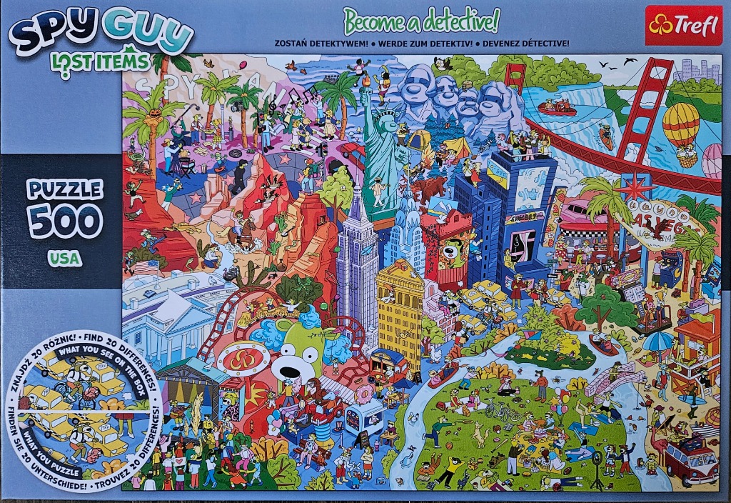 Busy, colourful cartoon illustration of iconic American landmarks populated by anthropomorphic dog characters.