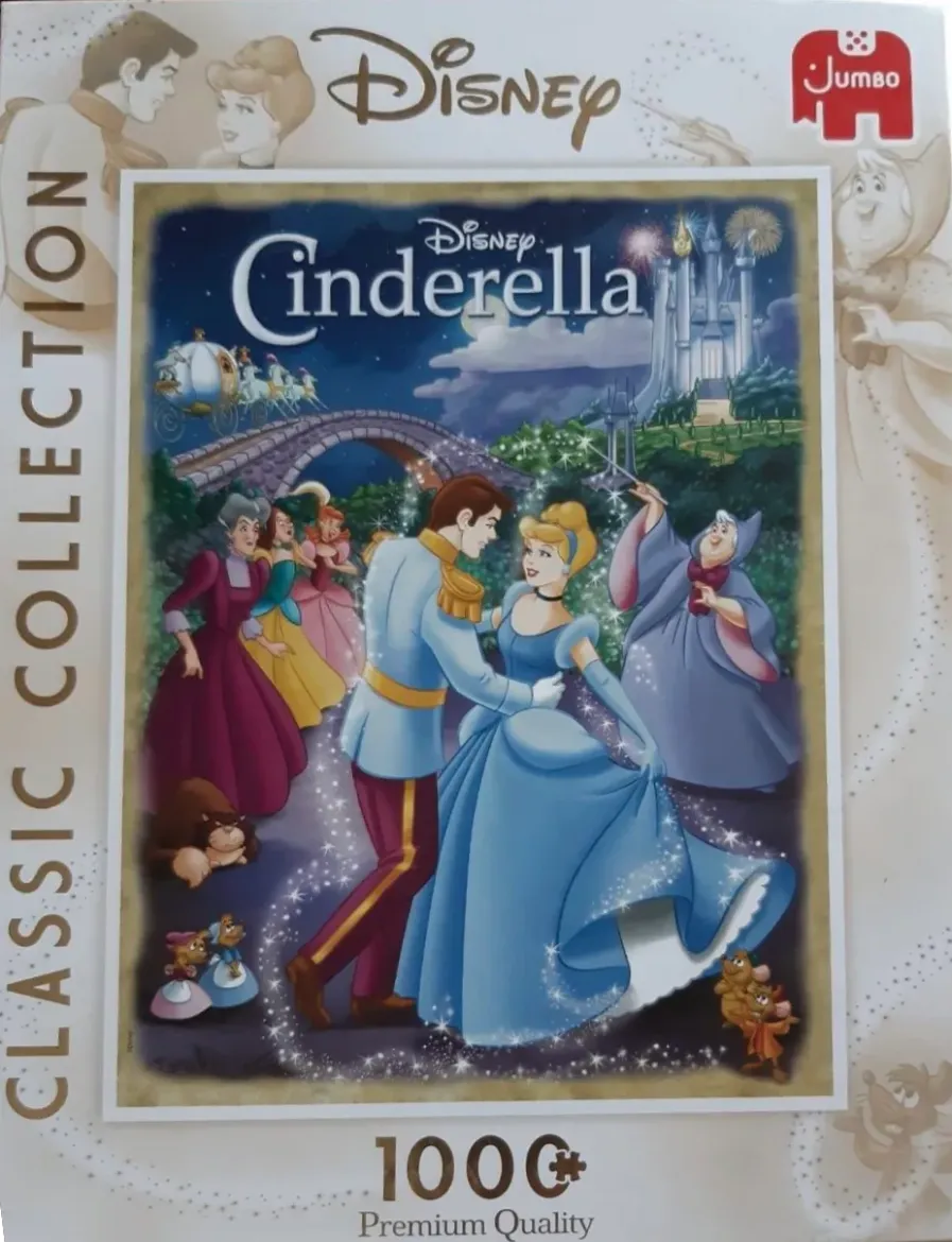 Cinderella dancing with the Prince in a magical night scene with the Fairy Godmother and friends.