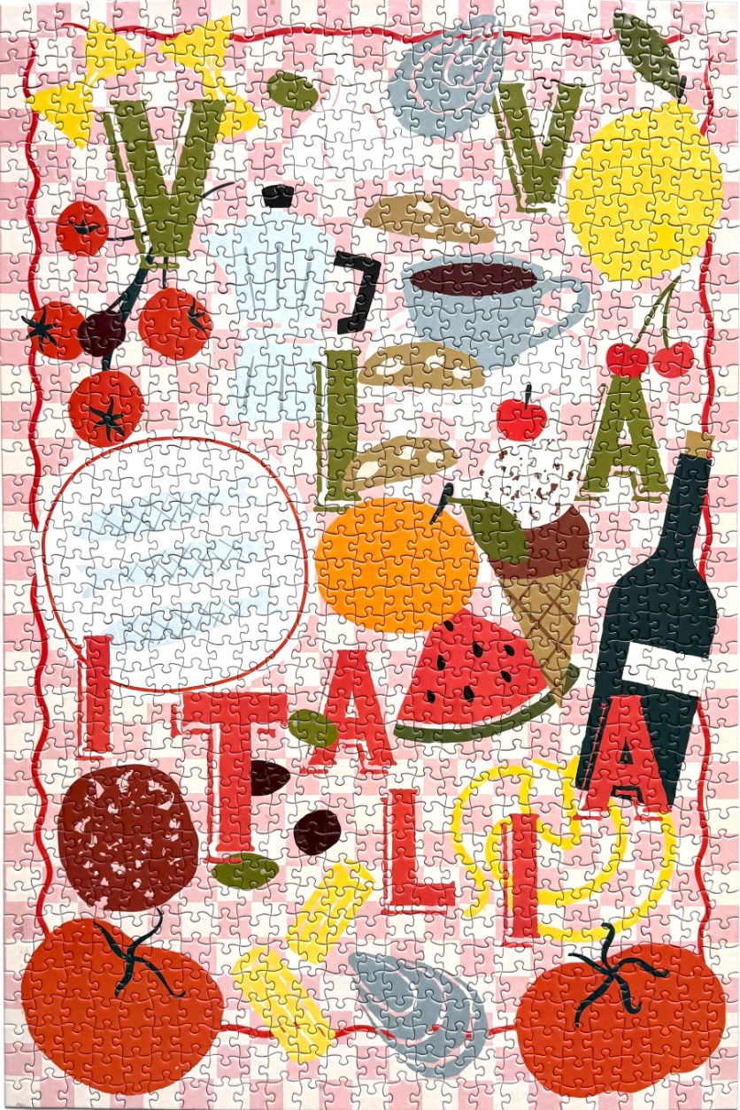 A whimsical collage of Italian food icons on a pink gingham background with the text VIVA ITALIA.