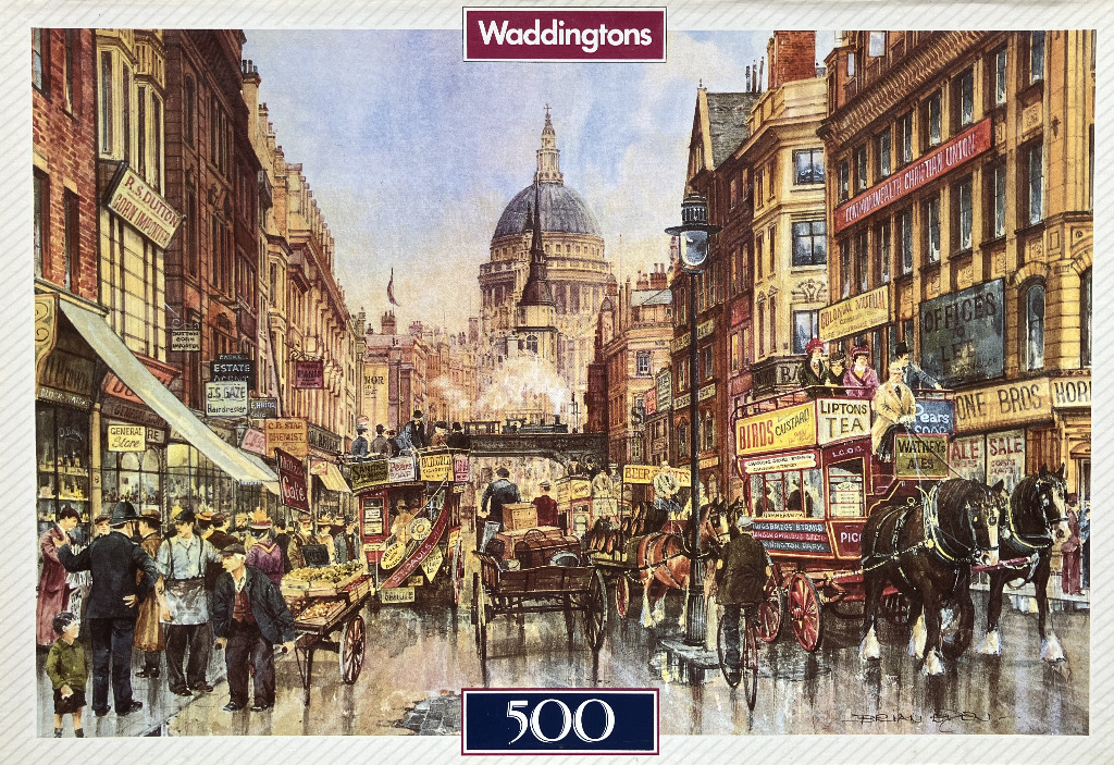 Illustration of a busy 19th-century London street scene with horse-drawn buses and St. Paul's Cathedral in the background.