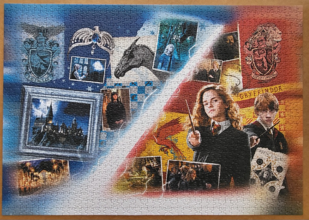 A montage of Harry Potter characters, house crests, and film scenes on a blue and red background.